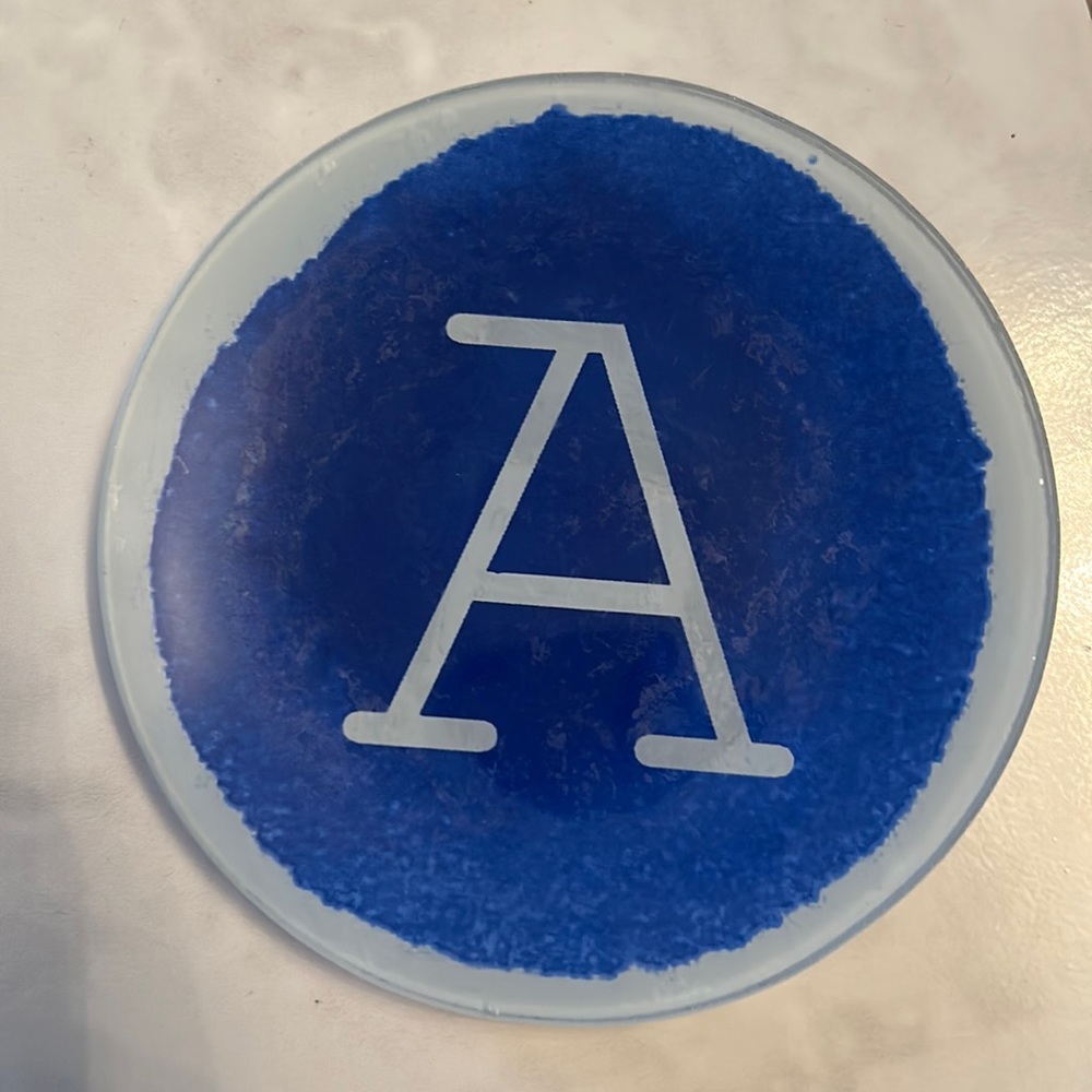 West Elm Soap Dish with Letter A (blue and white)